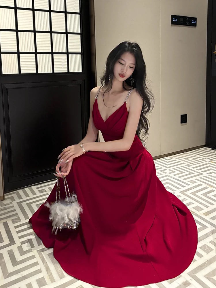 Pretty A line Straps Red Long Satin Prom Dresses Formal Evening Dress