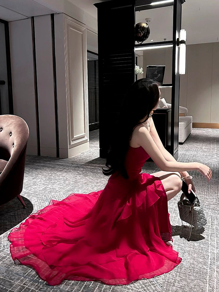 Gorgeous Sheath Spaghetti Straps Red Long Prom Dresses Evening Dress