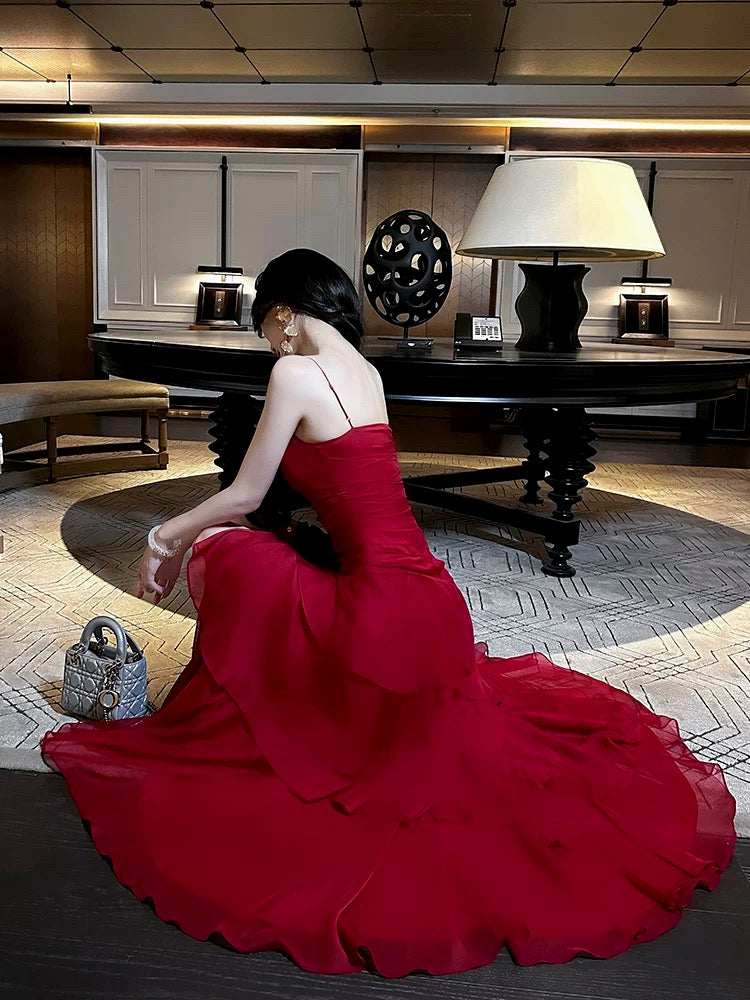 Gorgeous Sheath Spaghetti Straps Red Long Prom Dresses Evening Dress