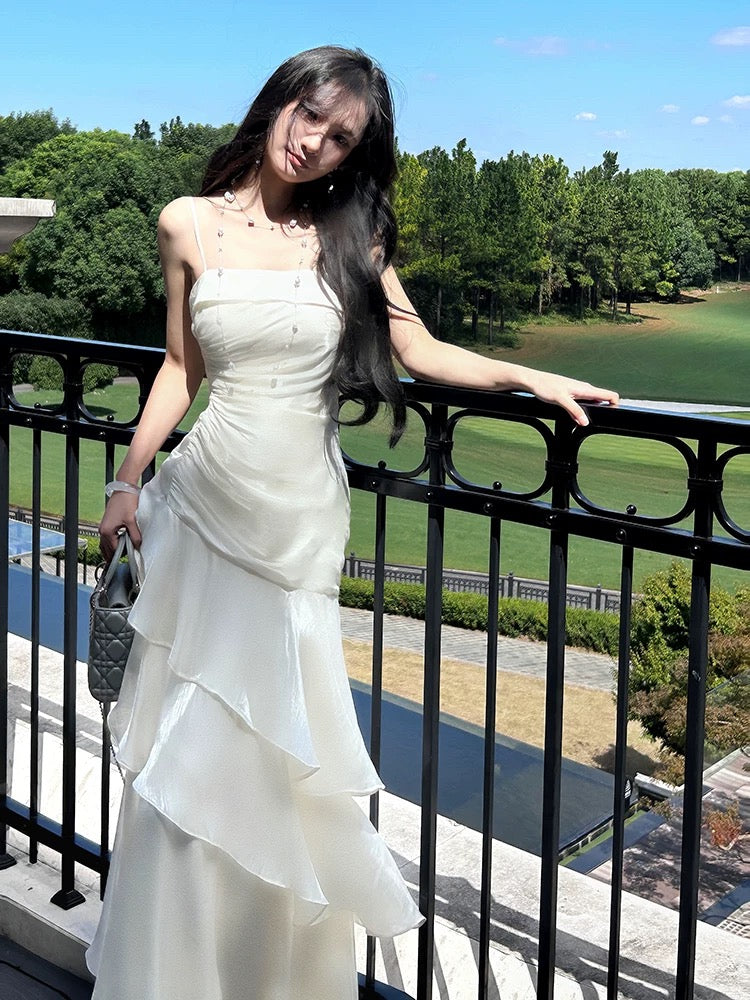 Gorgeous Sheath Spaghetti Straps White Layers Long Prom Dresses Evening Dress
