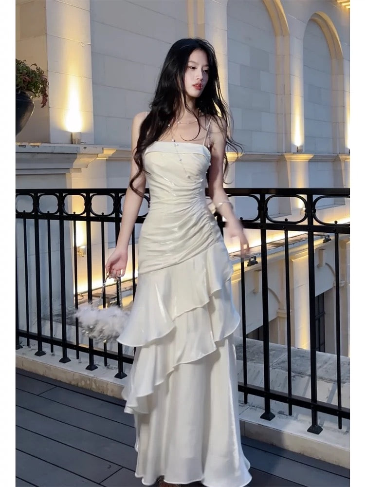 Gorgeous Sheath Spaghetti Straps White Layers Long Prom Dresses Evening Dress