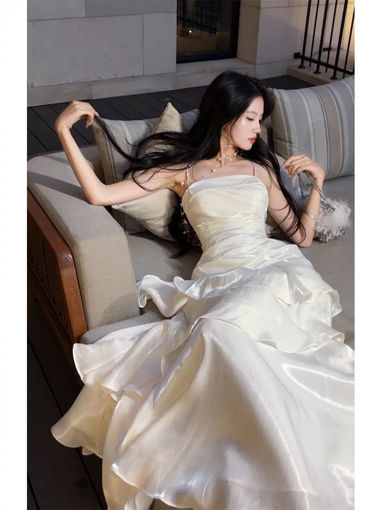 Gorgeous Sheath Spaghetti Straps White Layers Long Prom Dresses Evening Dress