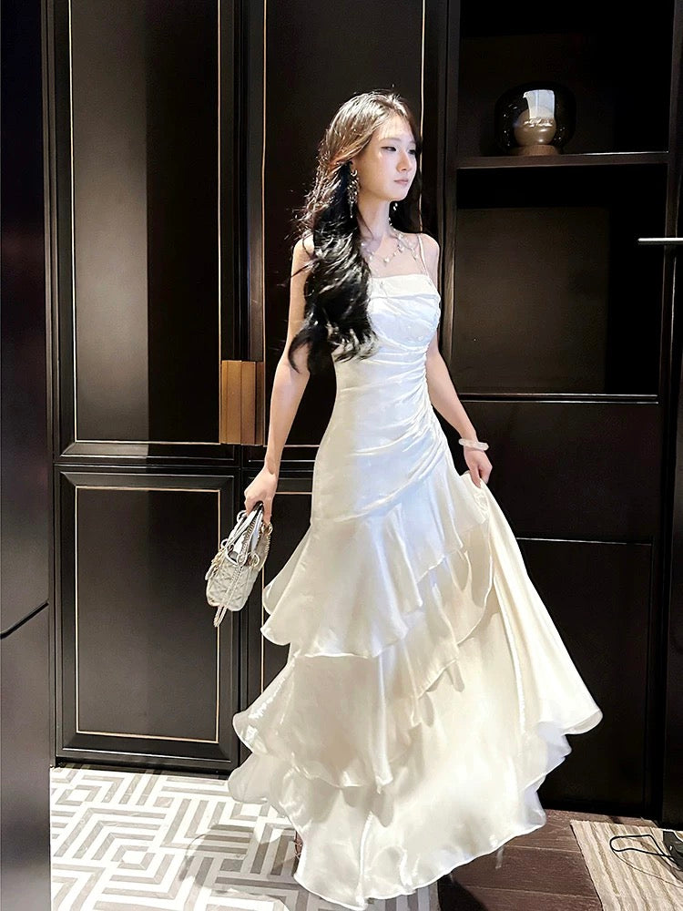 Gorgeous Sheath Spaghetti Straps White Layers Long Prom Dresses Evening Dress