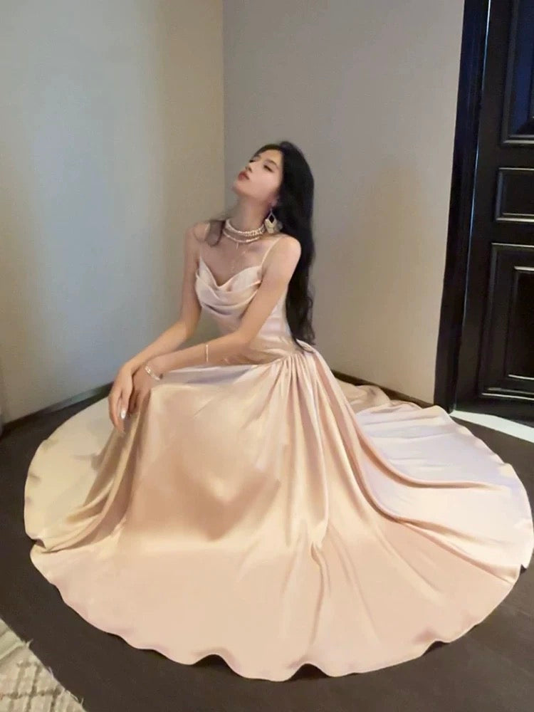 Pretty A line Spaghetti Straps Pink Satin Prom Dresses Formal Evening Dress