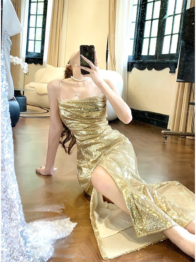 Gorgeous Sheath Spaghetti Straps Gold Sequin Slit Prom Dresses Evening Dress