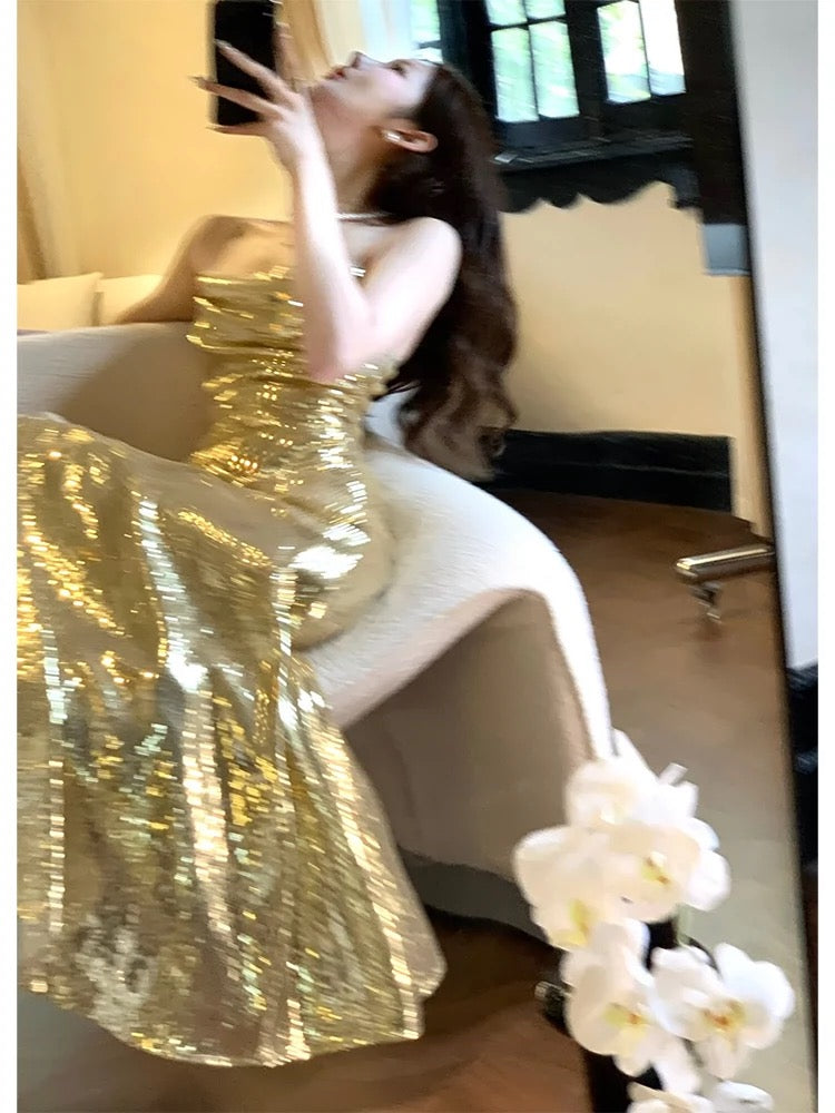 Gorgeous Sheath Spaghetti Straps Gold Sequin Slit Prom Dresses Evening Dress