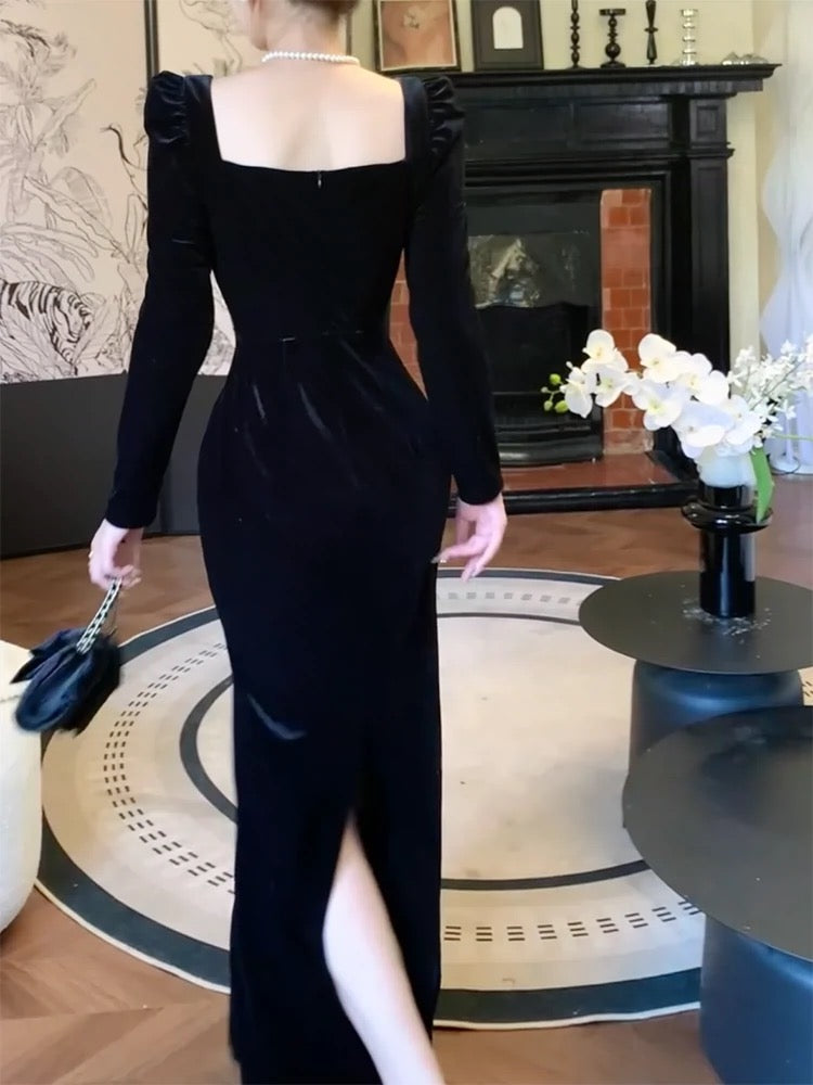 Pretty Sheath Square Neckline Black Velvet Long Sleeves Prom Dresses Formal Evening Dress