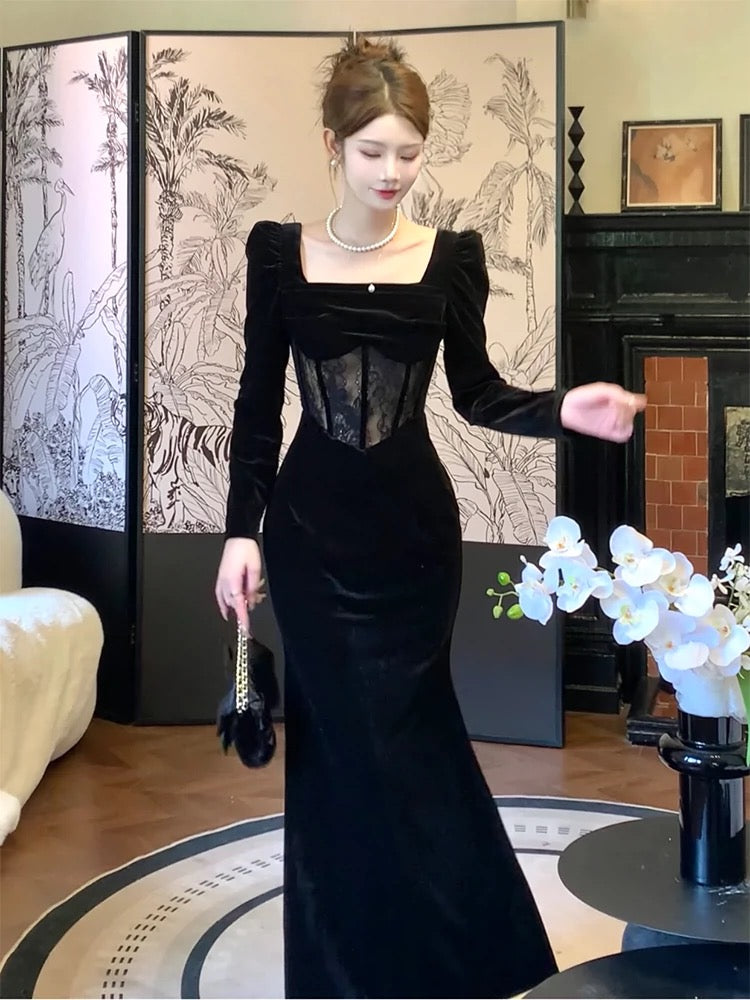 Pretty Sheath Square Neckline Black Velvet Long Sleeves Prom Dresses Formal Evening Dress