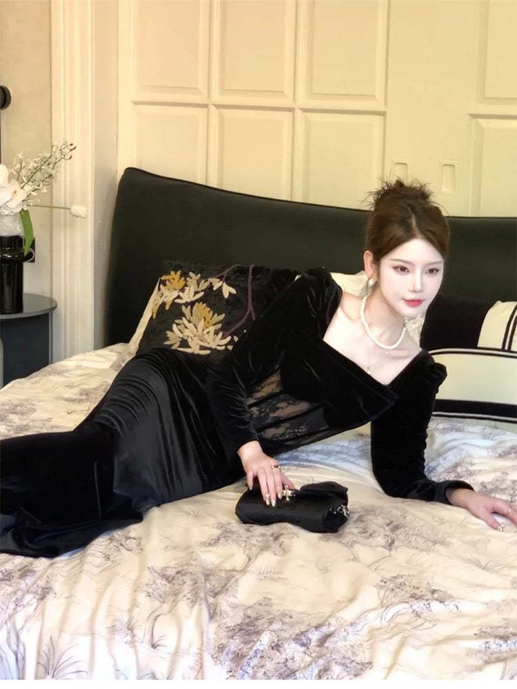 Pretty Sheath Square Neckline Black Velvet Long Sleeves Prom Dresses Formal Evening Dress