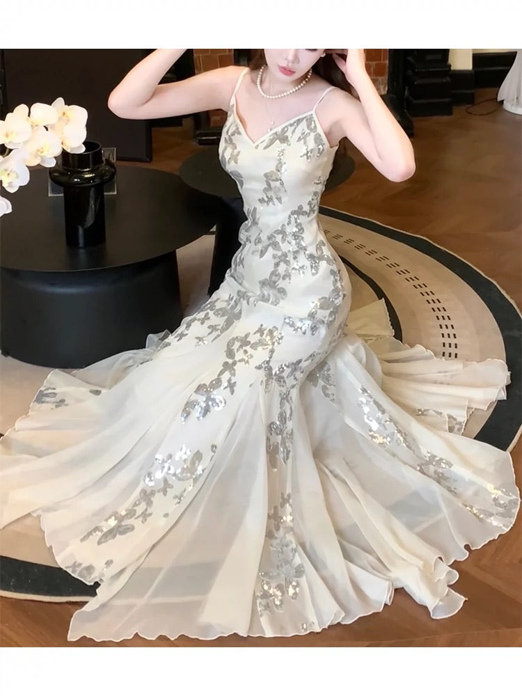 Gorgeous Mermaid Spaghetti Straps White Long Sequin Prom Dresses Evening Dress