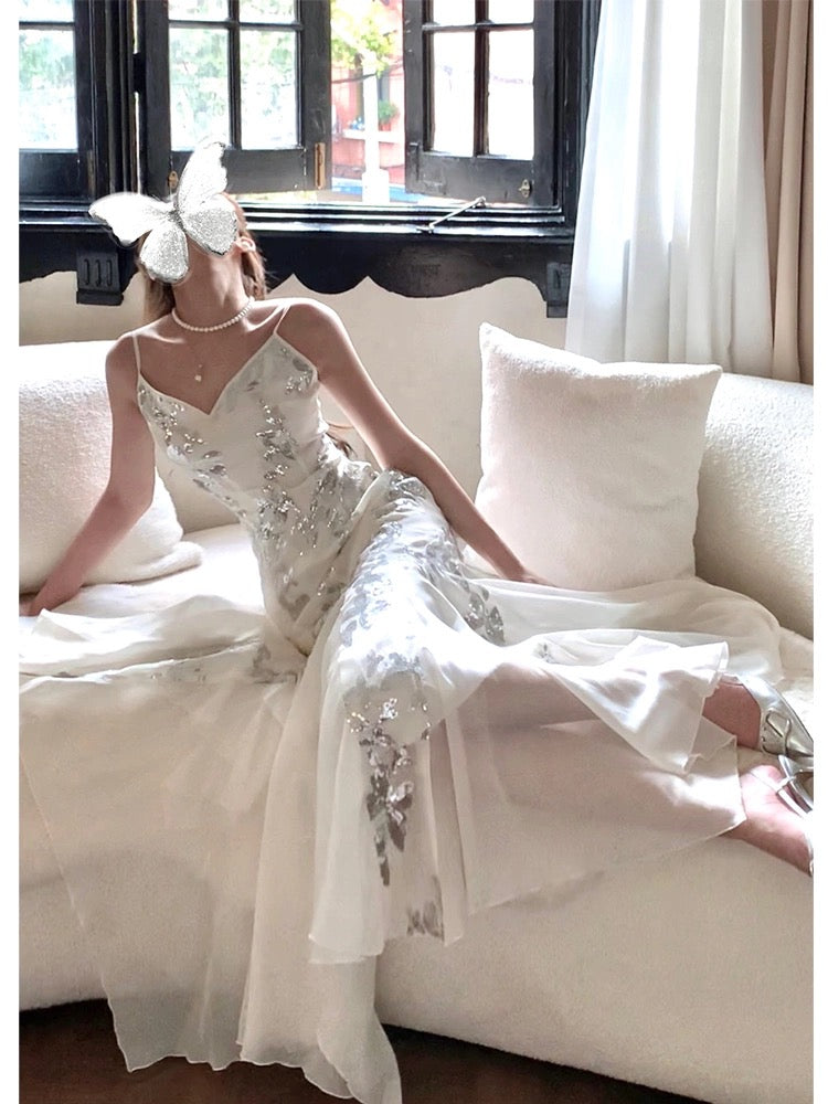 Gorgeous Mermaid Spaghetti Straps White Long Sequin Prom Dresses Evening Dress