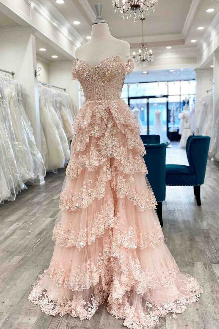 Gorgeous A line Off The Shoulder Layers Light Pink Lace Slit Prom Dresses Formal Evening Dress