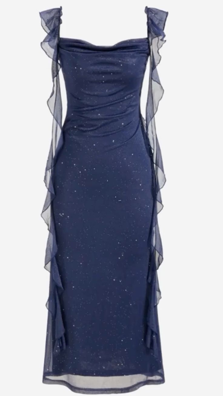 Elegant Sheath Square Neckline Navy Blue Chiffon Ruffles Prom Dresses Formal Dress