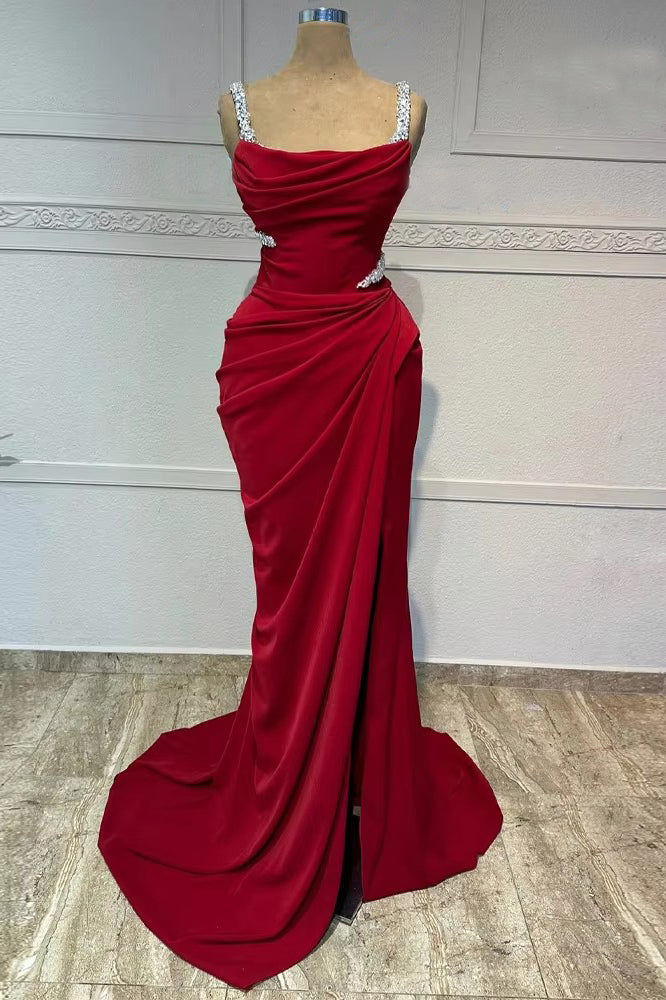 Elegant Sheath Straps Burgundy Satin Silver Beads Slit Long Prom Dresses Formal Dress