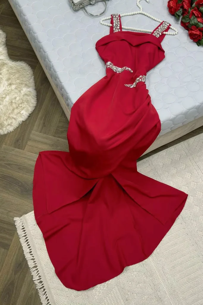 Elegant Sheath Straps Burgundy Satin Silver Beads Slit Long Prom Dresses Formal Dress