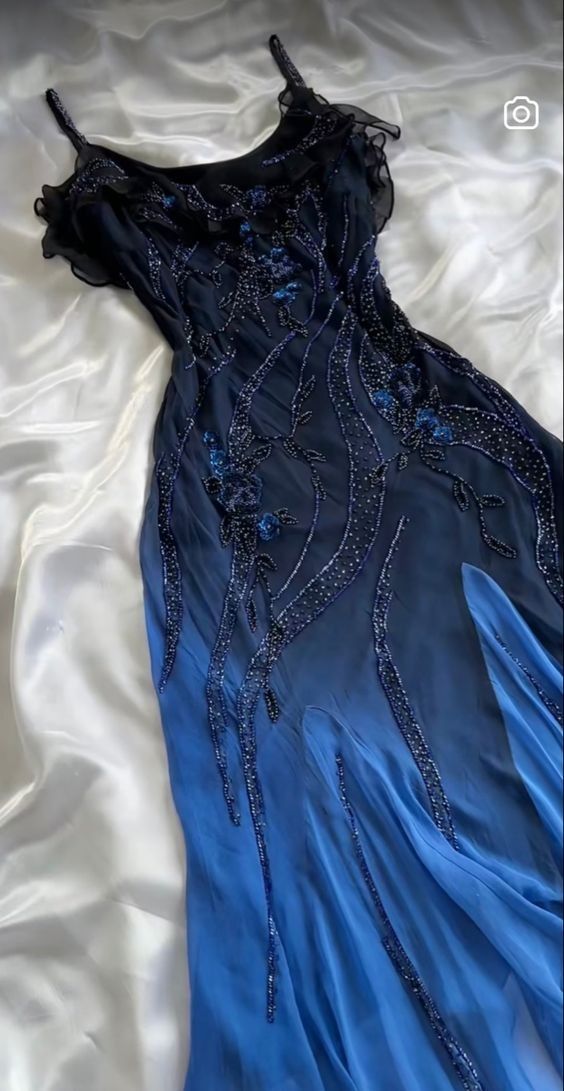 Elegant A Line Spaghetti Straps Navy Blue Chiffon Beads Long Prom Dresses Formal Dress