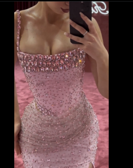 Elegant Mermaid Spaghetti Straps Pink Beads Sequin Slit Long Prom Dresses Formal Dress