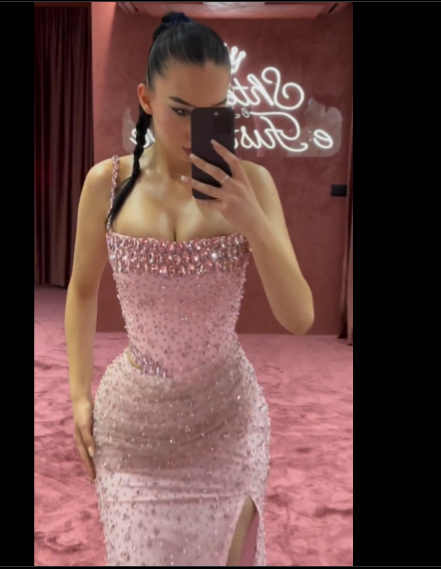 Elegant Mermaid Spaghetti Straps Pink Beads Sequin Slit Long Prom Dresses Formal Dress