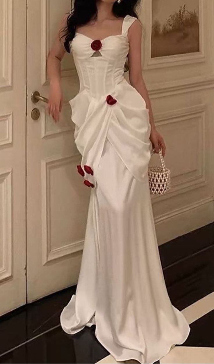 Gorgeous Sheath Rose Flowers Pleated Prom Dresses Formal Evening Dress