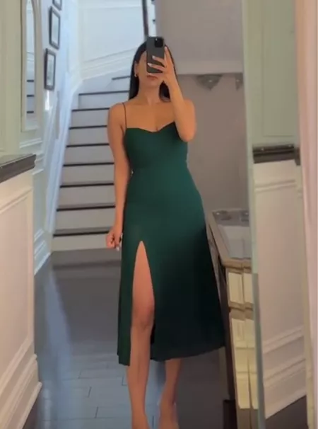Elegant Sheath Spaghetti Straps Satin Green Slit Prom Dresses Evening Dress