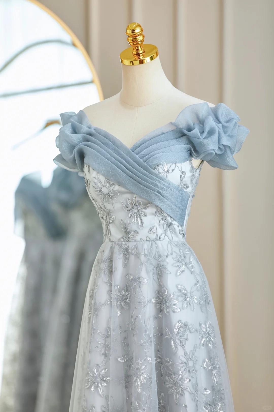 Pale Blue A Line Chiffon Tulle Lace Long Bridesmaid Dress
