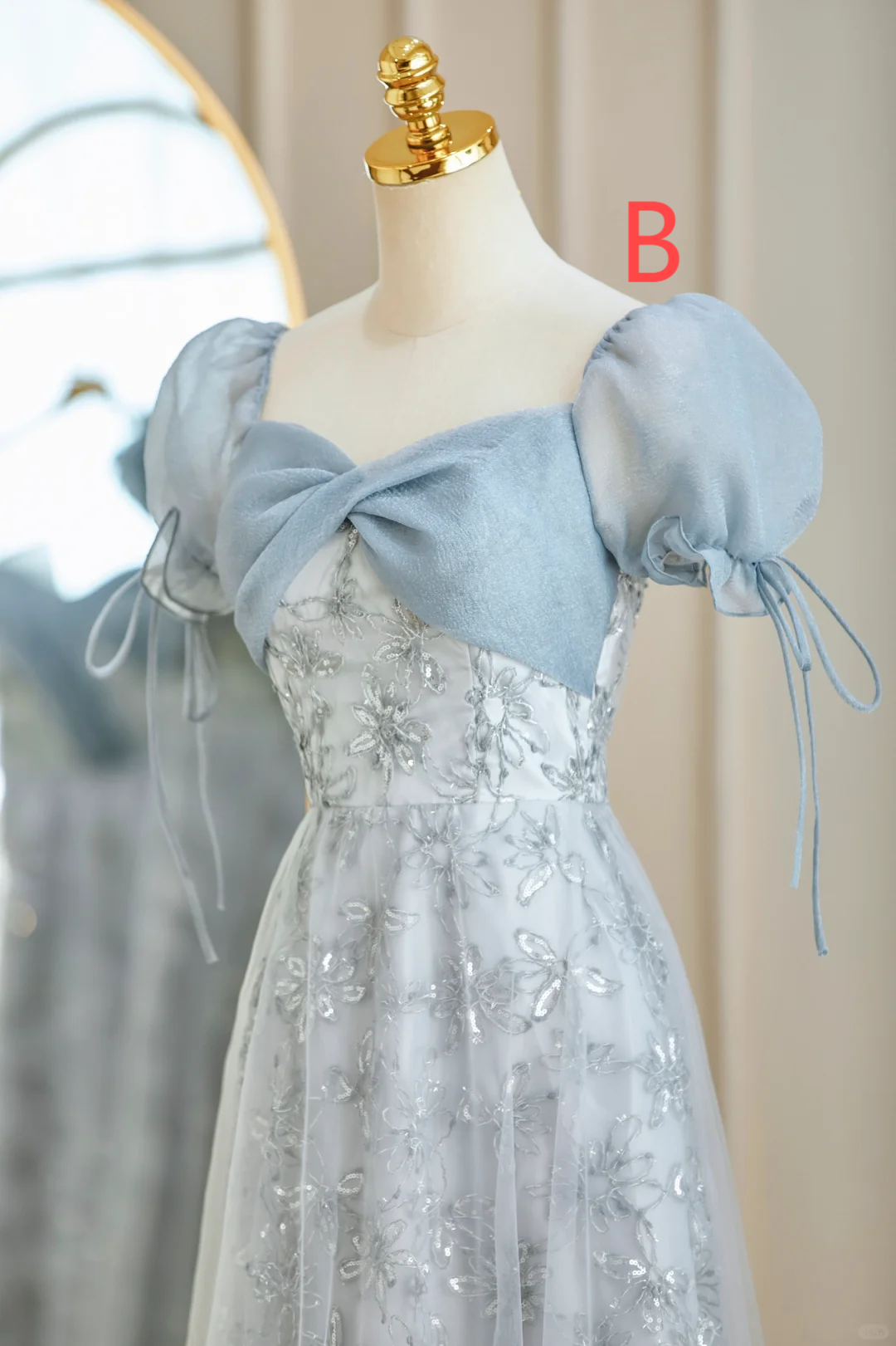 Pale Blue A Line Chiffon Tulle Lace Long Bridesmaid Dress