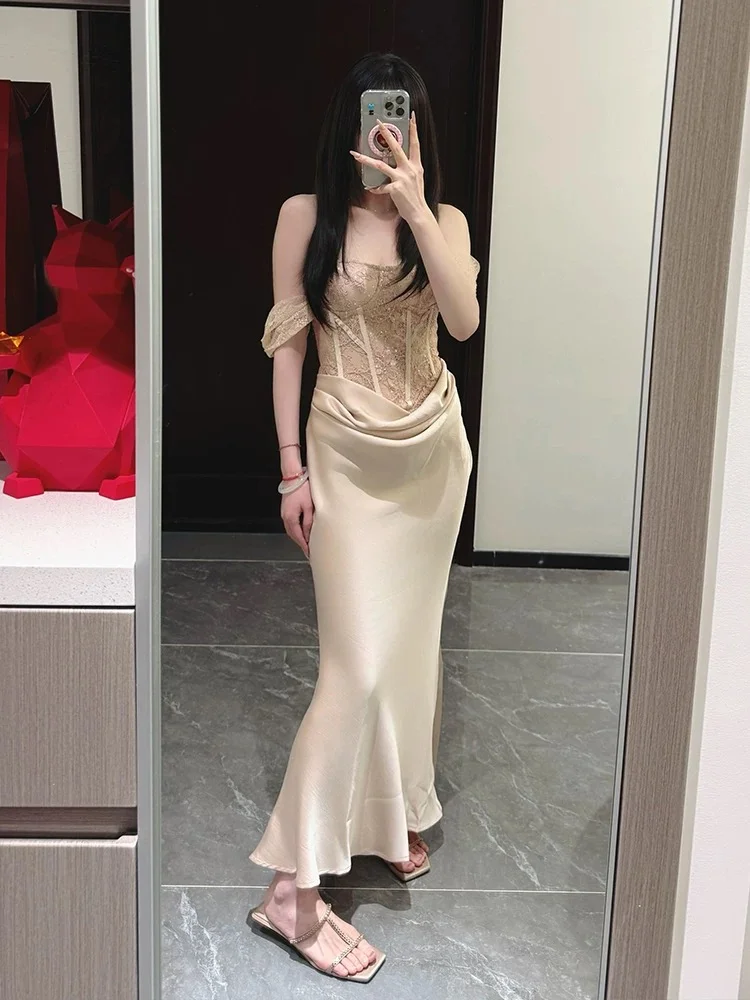 Champagne Mermaid Off The Shoulder Satin Lace Long Bridesmaid Dress