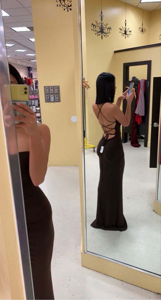 Pretty Mermaid Spaghetti Straps Backless Brown Long Prom Dresses Evening Dress