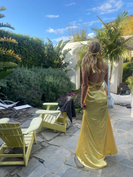 Modest Sheath Spaghetti Straps Yellow Satin Long Prom Dresses Evening Dress