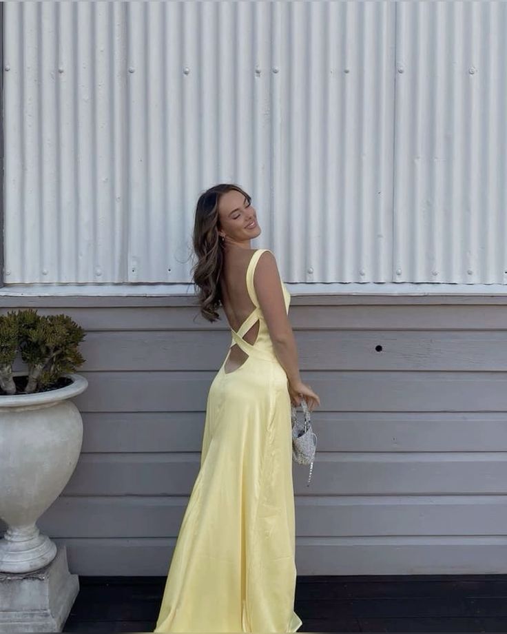 Modest Sheath Spaghetti Straps Yellow Satin Long Prom Dresses Evening Dress