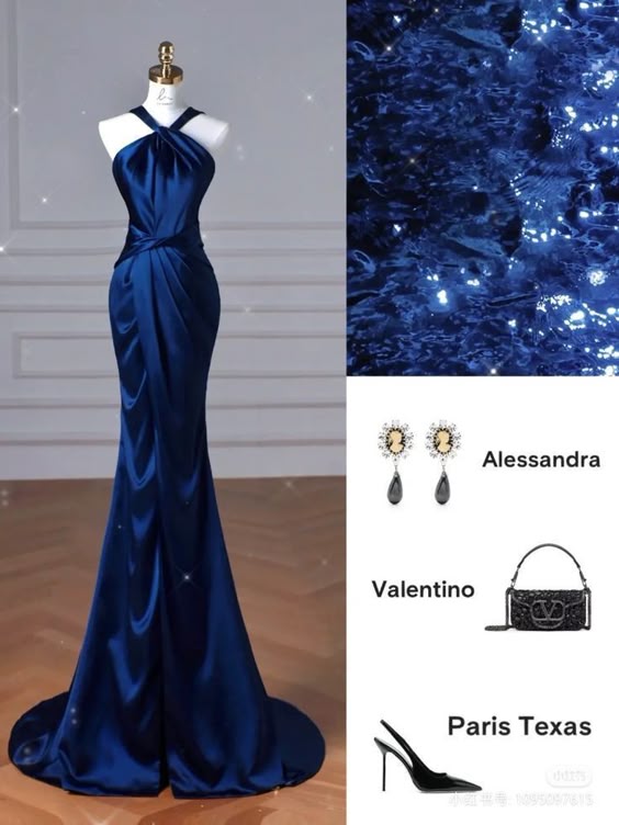 Modest Mermaid Halter Navy Blue Fold Satin Prom Dresses Long Evening Dress