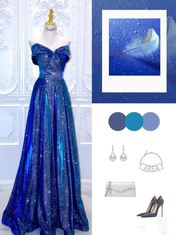 Pretty A line Off The Shoulder Long Royal Blue Sequin Floor Length Prom Dresses