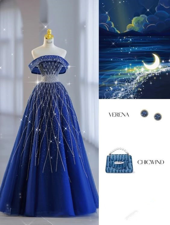 Pretty Ball Gown Off The Shoulder Long Royal Blue Tulle Floor Length Prom Dresses