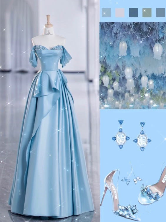Pretty Ball Gown Off The Shoulder Long Light Blue Satin Floor Length Prom Dresses