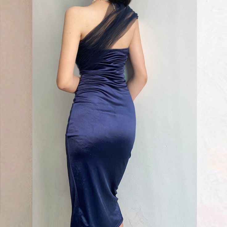 Modest Sheath One Shoulder Sleeveless Navy Blue Slit Satin Prom Dresses Long Evening Dress
