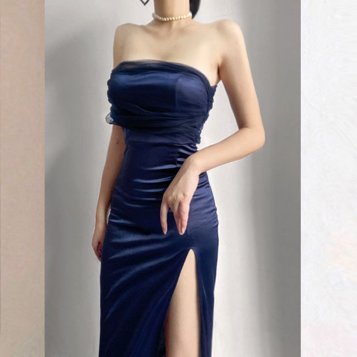 Modest Sheath One Shoulder Sleeveless Navy Blue Slit Satin Prom Dresses Long Evening Dress