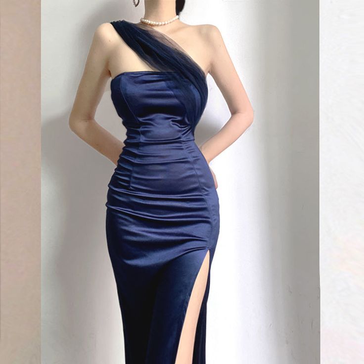 Modest Sheath One Shoulder Sleeveless Navy Blue Slit Satin Prom Dresses Long Evening Dress
