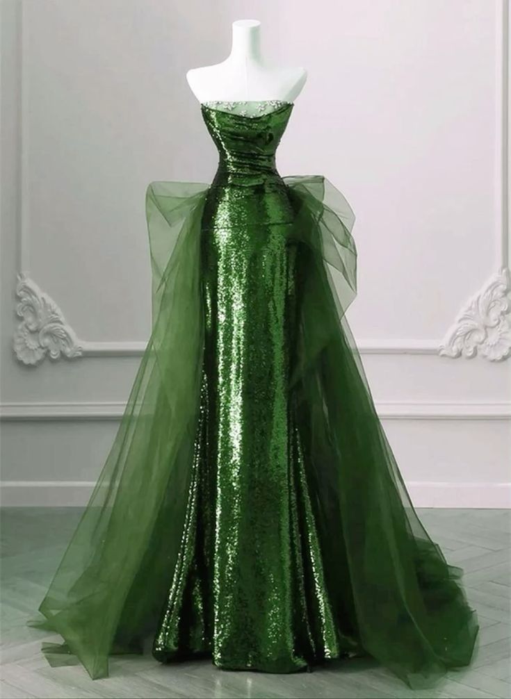 Elegant Sheath Strapless Sequin Green With Silver Beads Prom Dresses Long Evening Dress