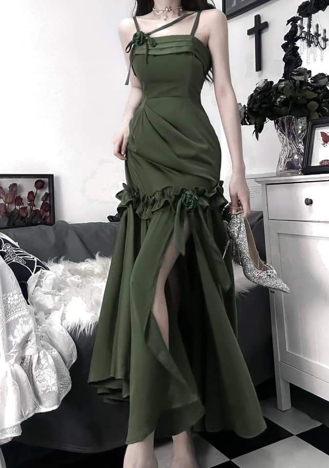 Elegant Sheath Straps Sleeveless Olive Green Satin Slit Prom Dresses Long Evening Dress