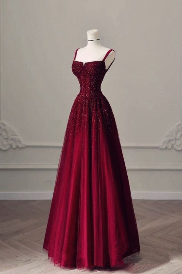 Elegant A Line Spaghetti Straps Burgundy Sequin Prom Dresses Long Evening Dress With Beads