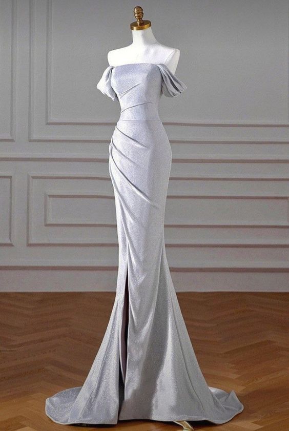 Elegant Mermaid Off The Shoulder Neckline Short Sleeves Slit Prom Dresses Long Evening Dress