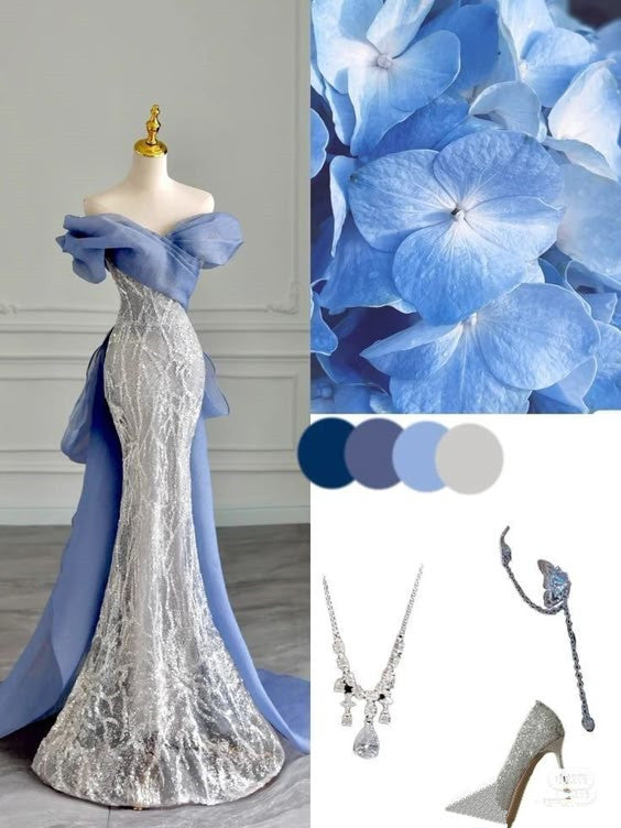 Elegant Mermaid Off The Shoulder Blue Sequin Prom Dresses With Bow Long Evening Dress