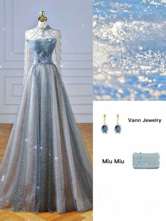 Elegant A line Strapless Sequin Blue Prom Dresses With Beads Long Evening Dress