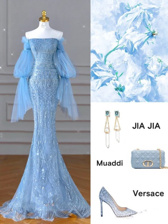 Elegant Mermaid Off The Shoulder Blue Prom Dresses With Ruffle Long Sleeves Evening Dress