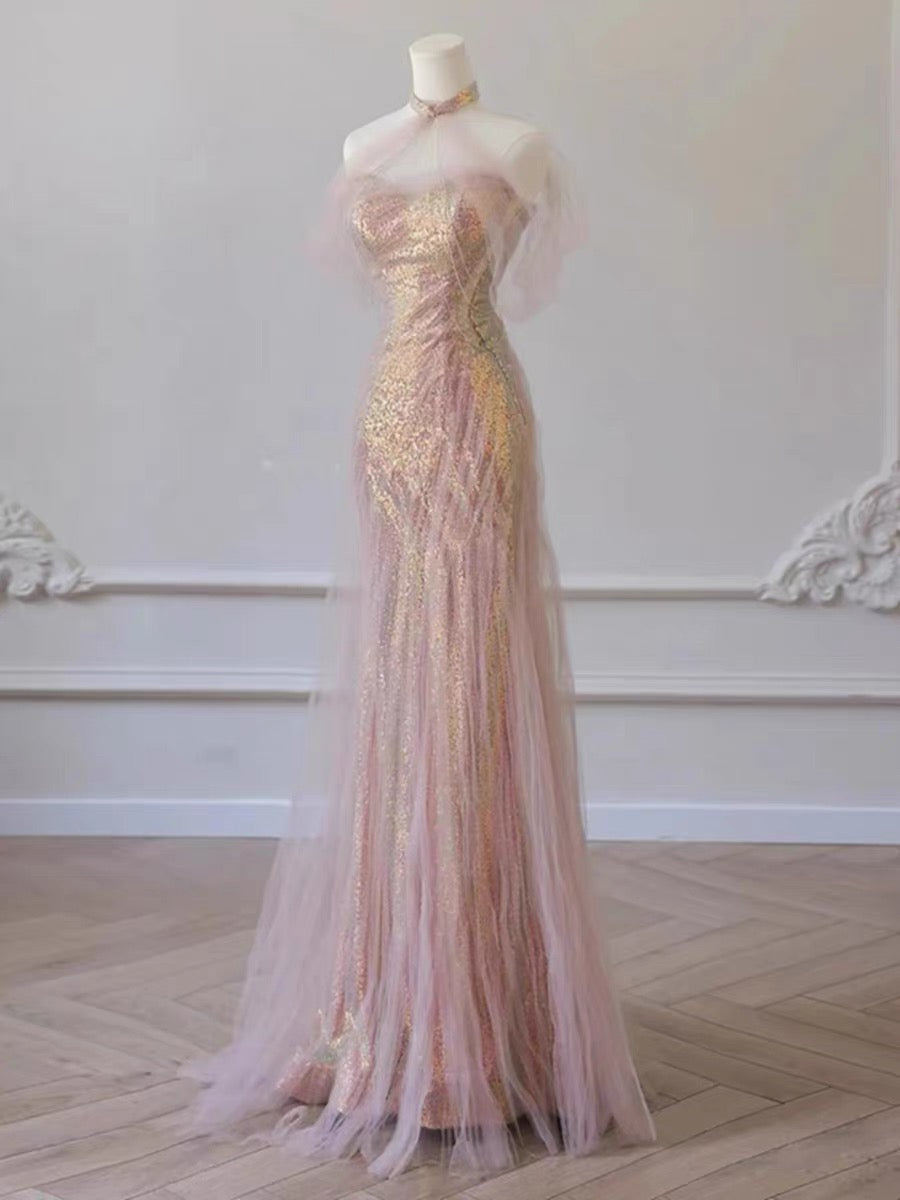 Pretty Mermaid Sweetheart Pink Sequin Prom Dresses With Ruffle Long Evening Dress