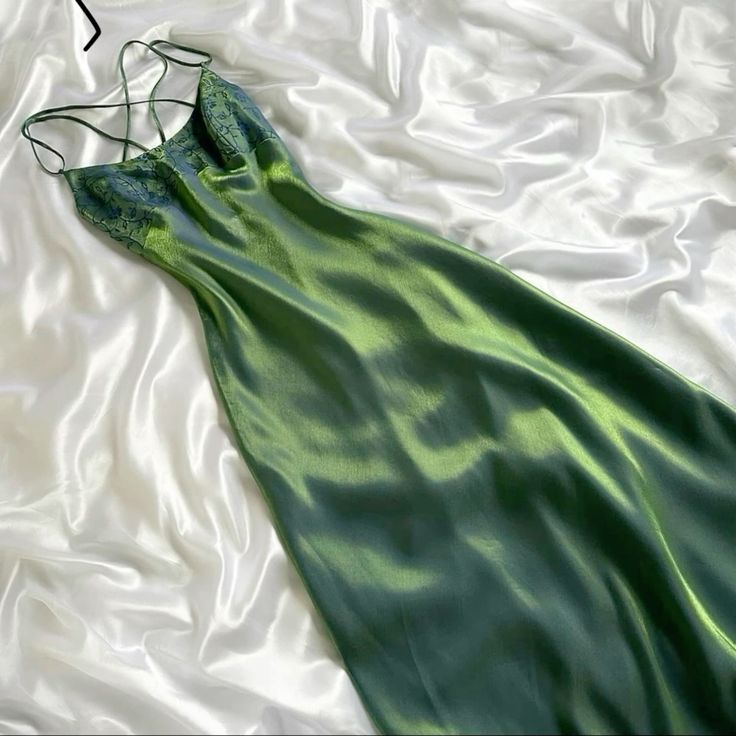 Pretty A Line Spaghetti Straps Green Satin Prom Dresses Long Evening Dress