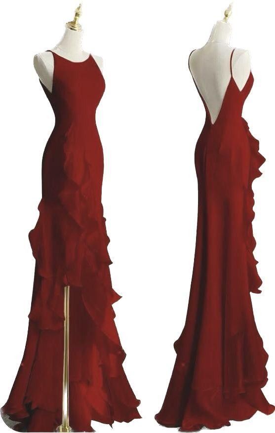 Pretty Sheath Boat Sleeveless Burgundy Long Chiffon Prom Dresses Evening Dress