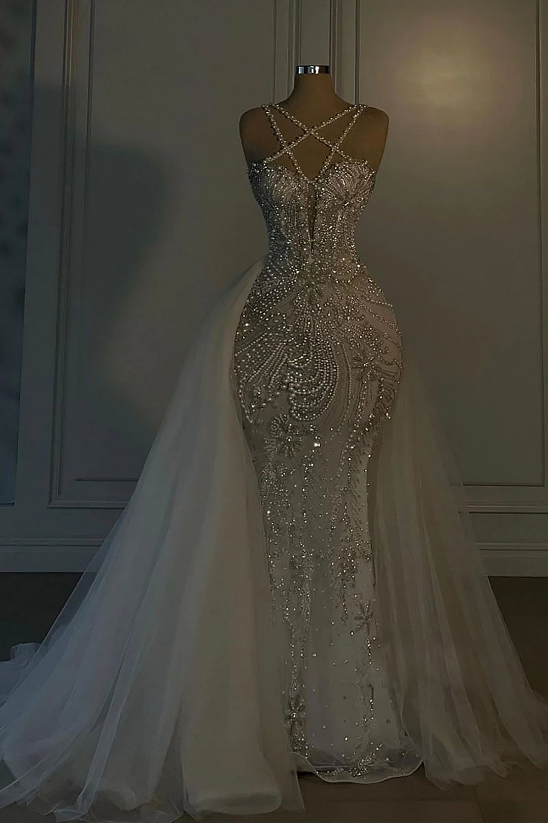 Romantic Wedding Dress Long Mermaid V Neck Spaghetti Strap With Beadings