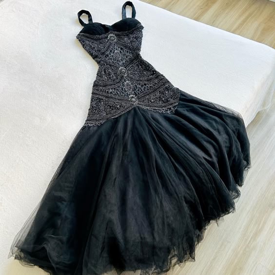 Gorgeous Mermaid Spaghetti Straps Black Long Tulle Prom Dresses Evening Dress