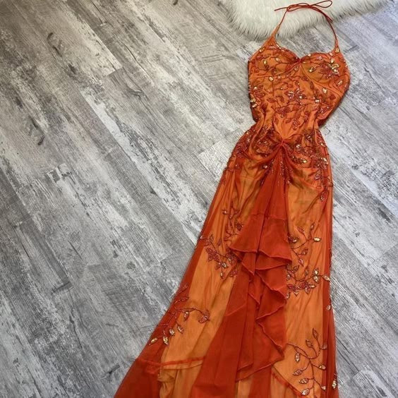 Gorgeous Mermaid Halter Orange Long Tulle Prom Dresses Beads Evening Dress